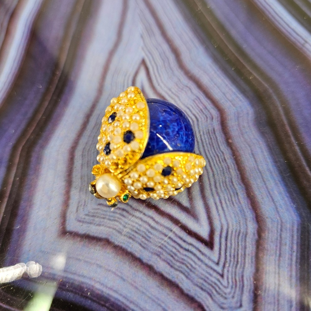 Carlyle Vintage Gold Tone Ladybug Brooch Faux Pearl‎ Blue Lapis Cabochon Beetle